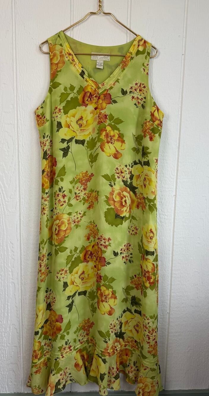 Y2K Norton McNaughton Floral Midi Dress Large Green Yellow Cottagecore